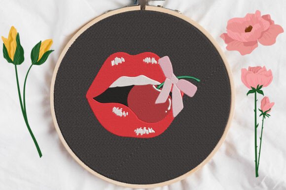 Lip Cherry and Bow Embroidery