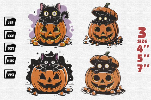 Set of 4 Black Cat Halloween Embroidery