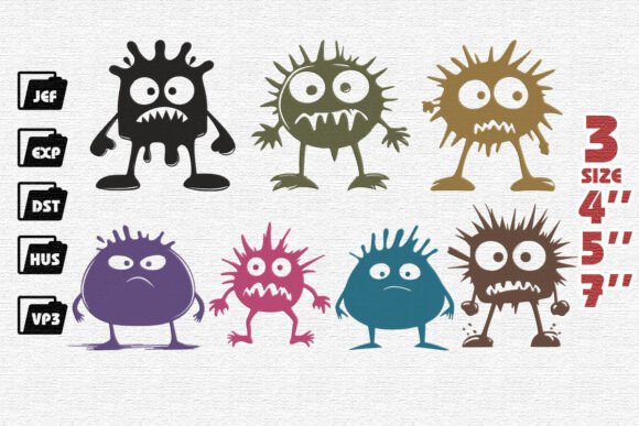 Set of 7 Funny Monsters Embroidery